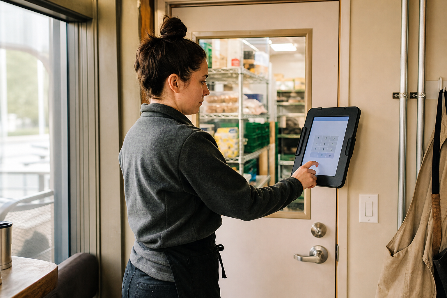 Employee entering a PIN at a wall-mounted time clock kiosk