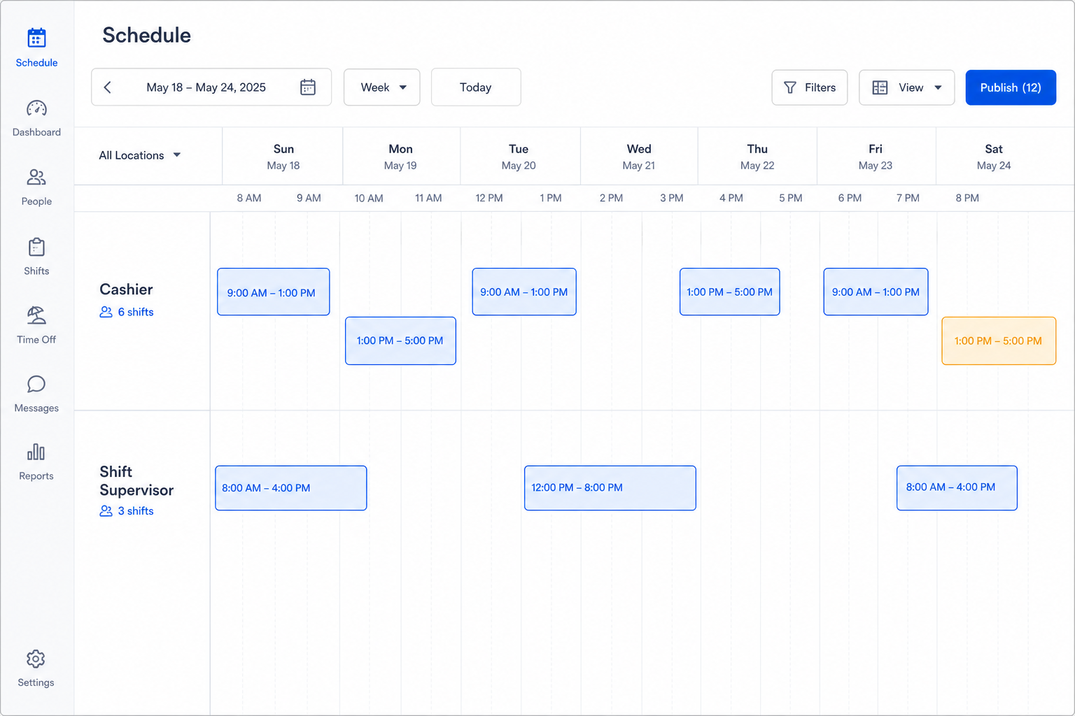 Timeline scheduling workspace with role-based shifts