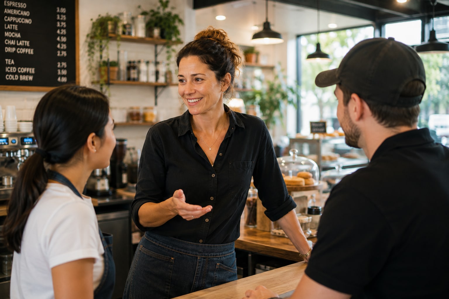 A restaurant manager talking with two team members at a café counter, present and unhurried.