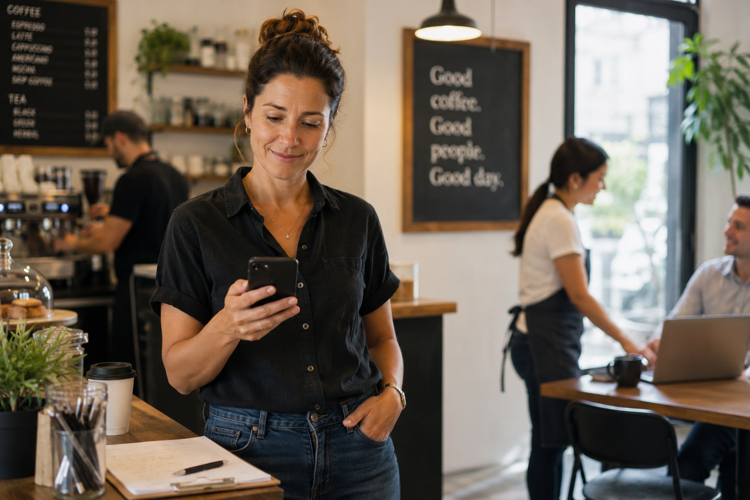 A restaurant manager at a café counter during the workday, phone in hand, composed while checking in.