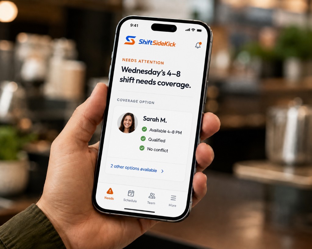 A manager’s hand holding a phone that shows a ShiftSideKick coverage-attention screen for Wednesday’s 4–8 shift, with Sarah M. as a realistic option.